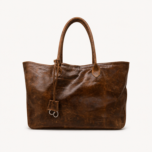 A distressed brown leather tote bag with dual top handles and a hanging leather tag with silver-tone rings, photographed against a clean white background.