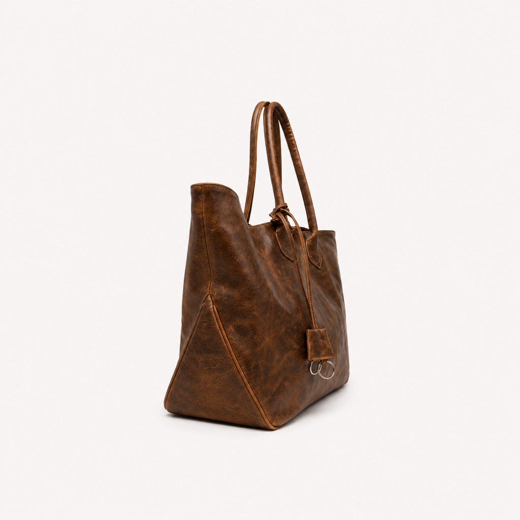 A brown distressed leather tote bag with dual shoulder straps and a small hanging metal keyring, shown from a three-quarters angle on a light off-white background.